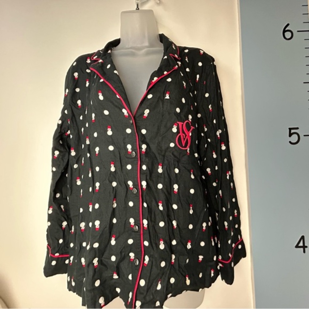 Victoria's Secret Pajama Top Black & Snowmen Button Down SP